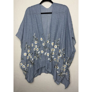 Spring Daisy Embroidered Kimono Wrap Shawl Lightweight One Size Blue Boho